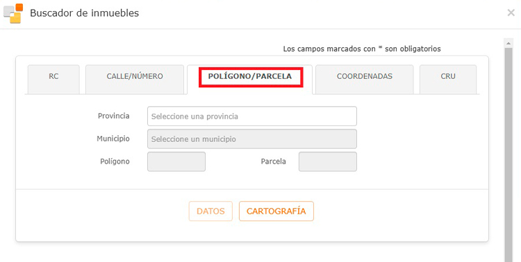 Captura de pantalla: buscador referencia catastral parcela en la Sede Electrónica