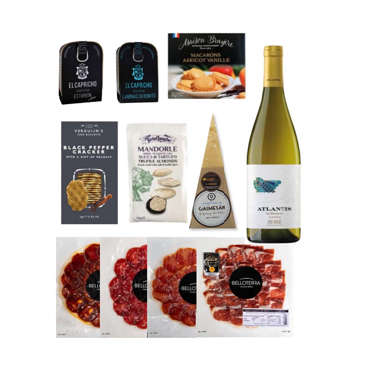Caja gourmet con ibéricos, conservas y vino