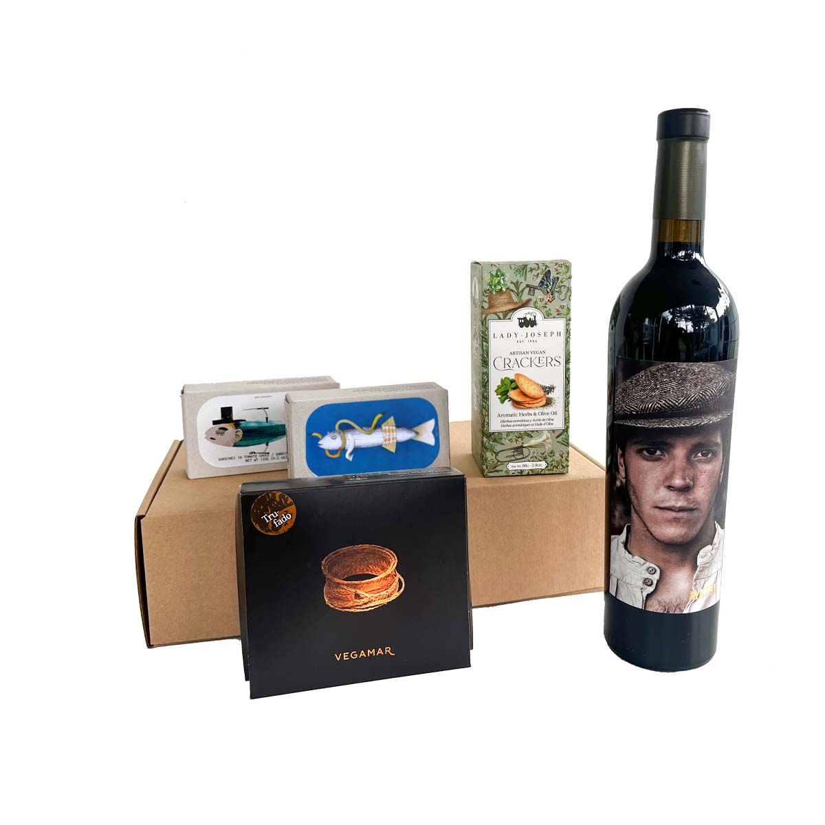 Caja gourmet para regalo con conservas, queso y vino