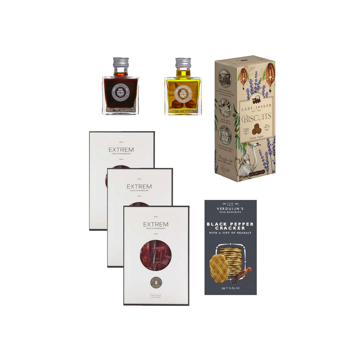 Caja gourmet para regalo con ibéricos, AOVE y vinagre