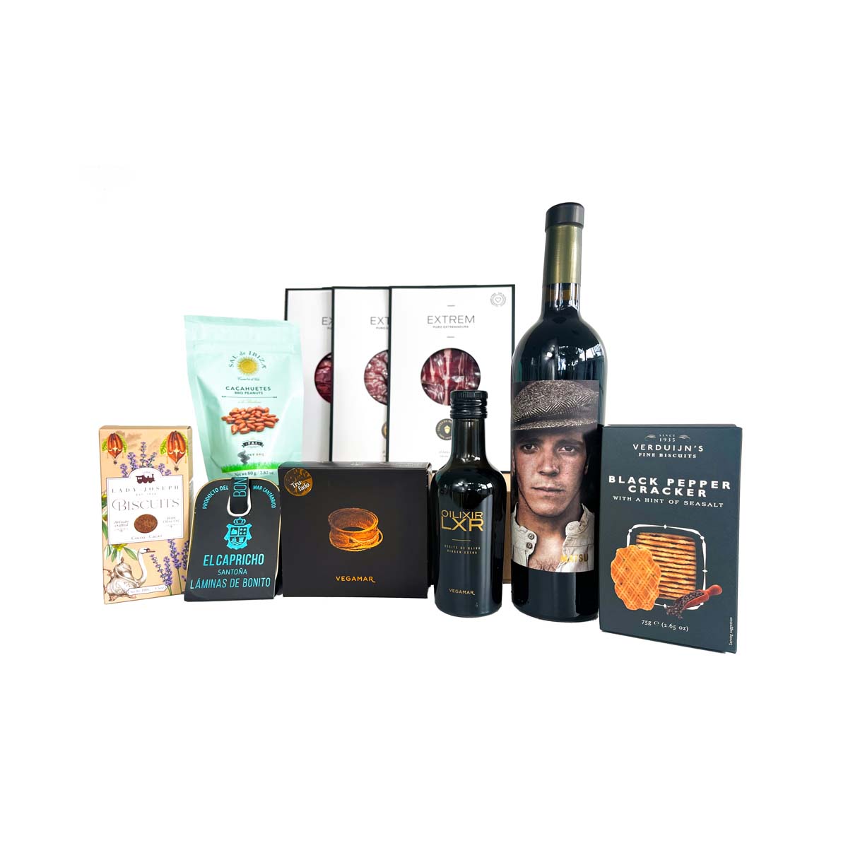 Caja gourmet para regalo con ibéricos, conservas y vino