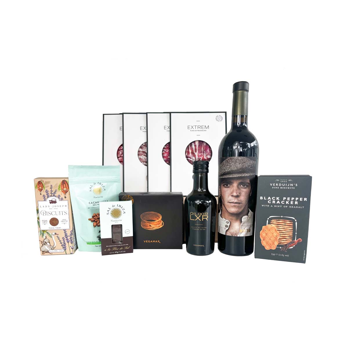Caja gourmet para regalo con ibéricos, queso, vino y AOVE