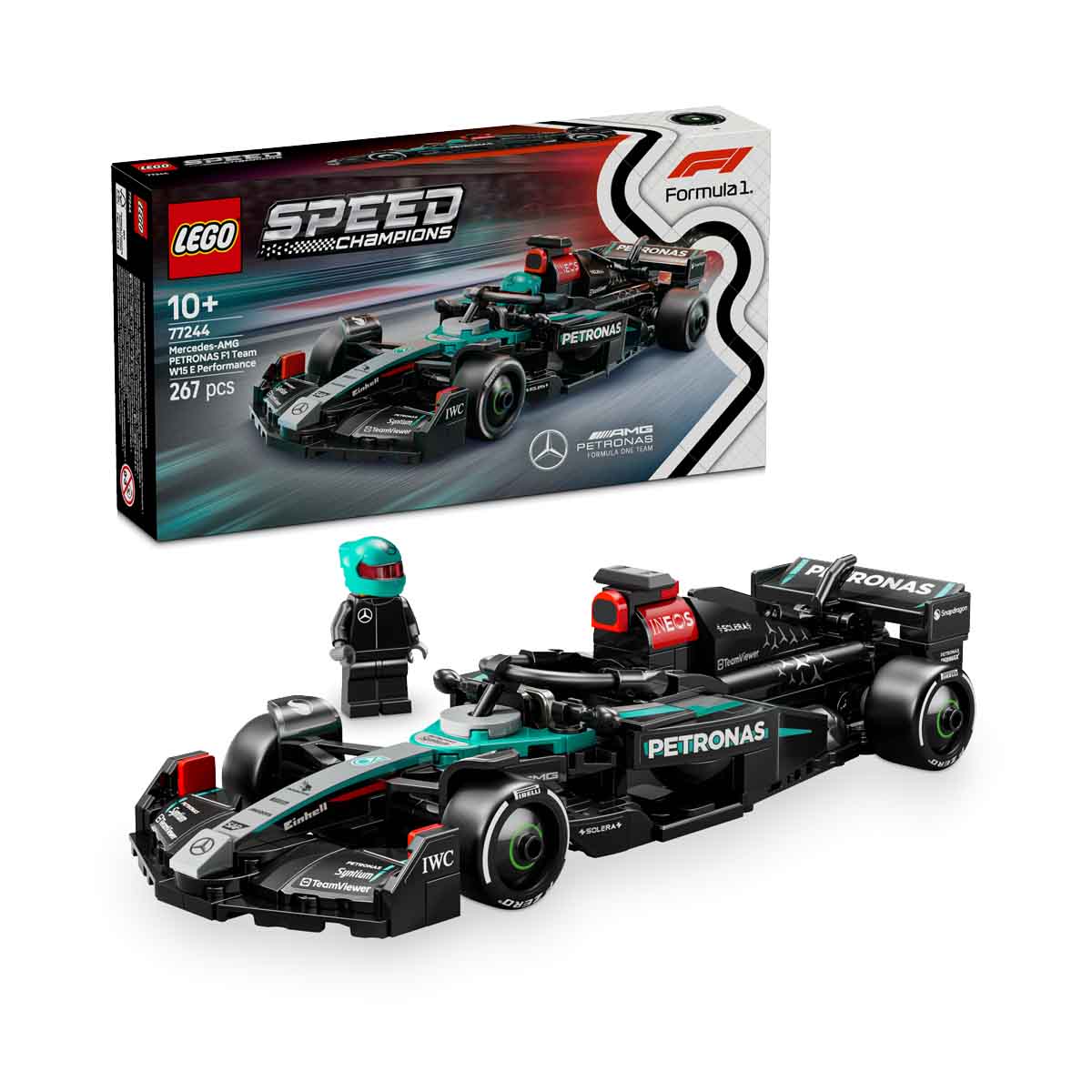 LEGO Speed Champions Coche de Carreras Mercedes-AMG F1 W15 de Juguete, Maqueta de Construcción de Vehículo de Fórmula 1 y Minifigura de Piloto Coleccionable, Regalo para Niños de 10 Años o Más 77244
