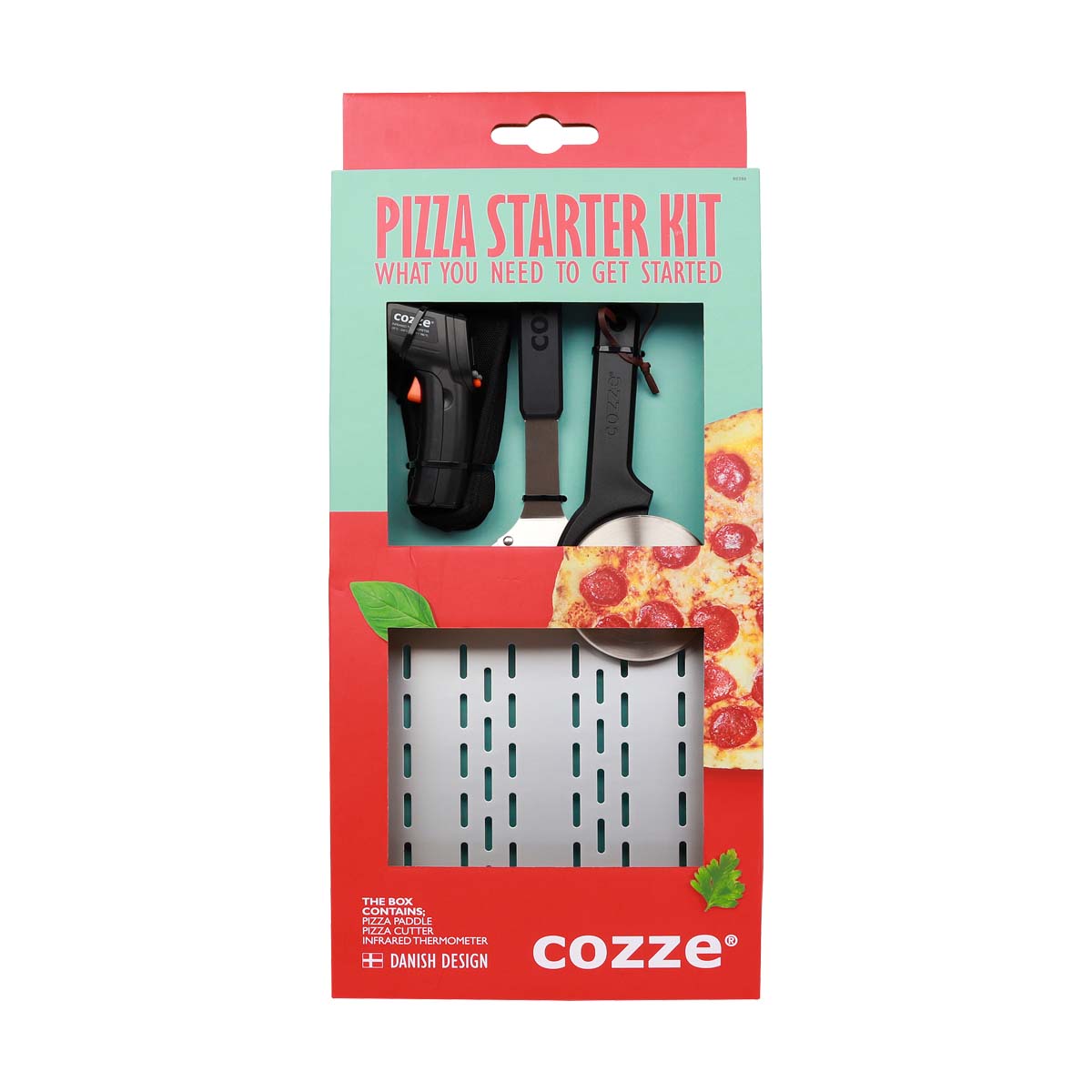 Set para pizza Cozze: pala, termómetro y cortador